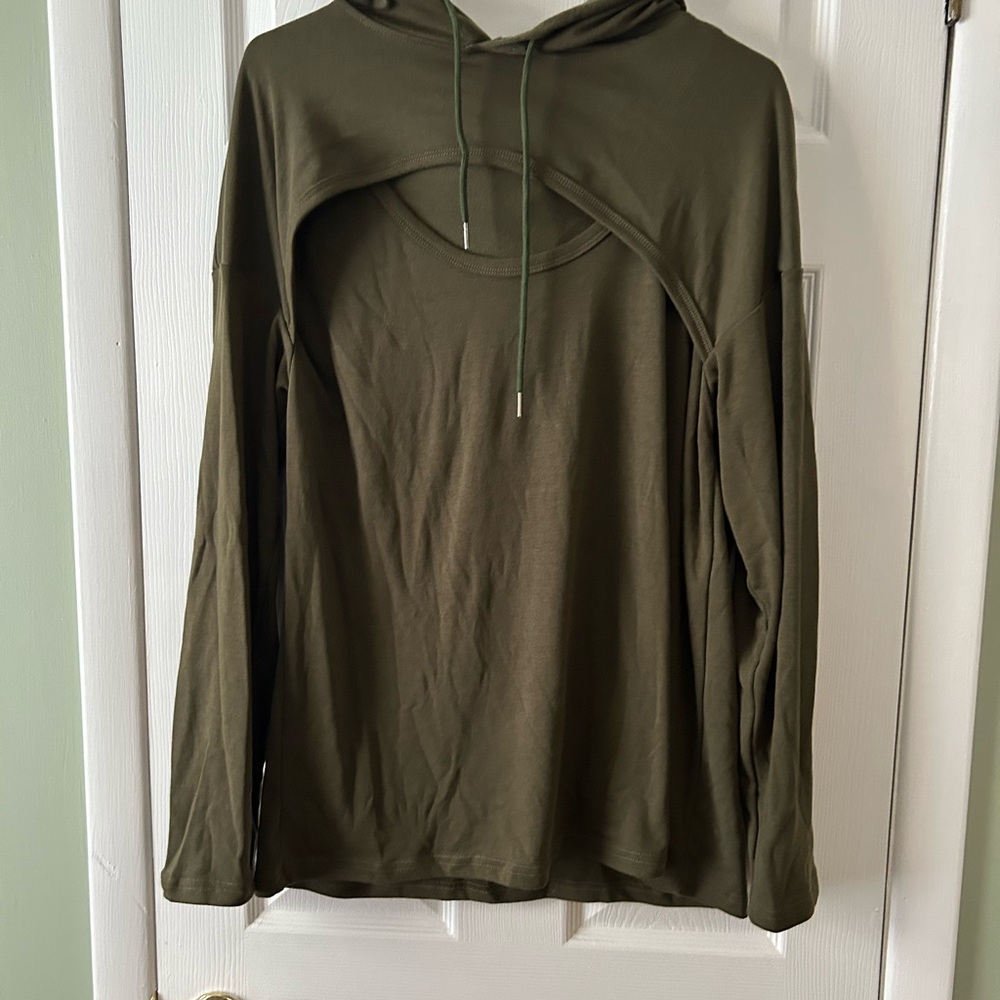 Olive Green cut out Hooded Long Sleeve Top